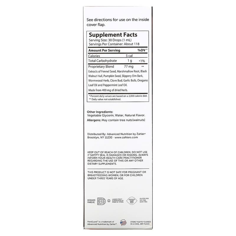 Zahler ParaGuard Advanced Intestinal Flora Support 4 fl oz (118 ml) 8 Thành phần vi chất Zahler ParaGuard Advanced Intestinal Flora Support 4 fl oz (118 ml) 848998081027