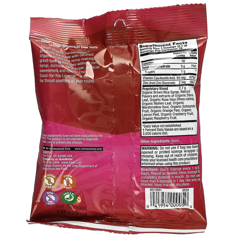 Zand Naturals Organic CranRaspberry 18 Throat Lozenges 8 Thành phần vi chất Zand Naturals Organic CranRaspberry 18 Throat viên 041954000050