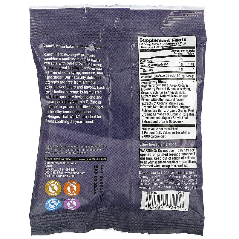 Zand Naturals Organic Elderberry C Berry Soother 18 Throat Lozenges 8 Thành phần vi chất Zand Naturals Organic Elderberry C Berry Soother 18 Throat viên 041954472536