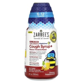 Zarbee's All-In-One Children's Nighttime Cough Syrup + Mucus Throat & Nasal 6-12 Years Natural Grape 4 fl oz (118 ml) 300450663443