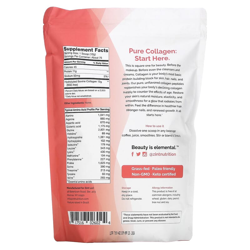 Zint Pure Grass-Fed Collagen Peptides Unflavored 32 oz (907 g) 8 Thành phần vi chất Zint Pure Grass-Fed Collagen Peptides Unflavored 32 oz (907 g) 817516026024